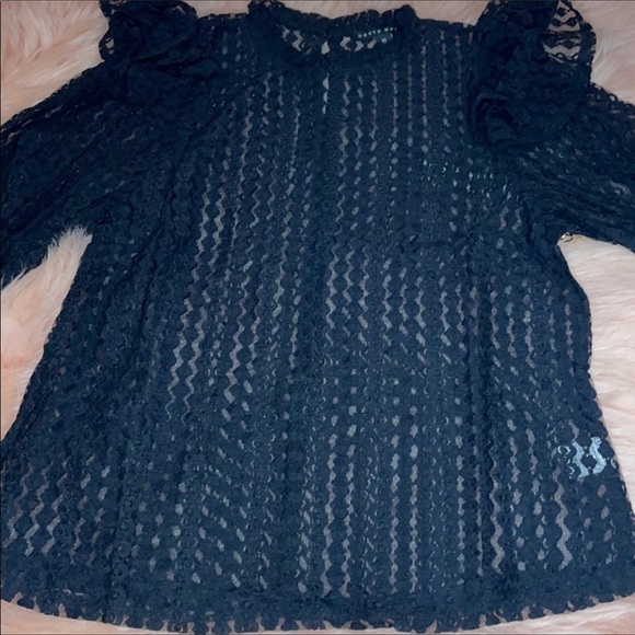 Black Sheer Crochet Mock Neck Long Sleeve Blouse - Picture 3 of 6